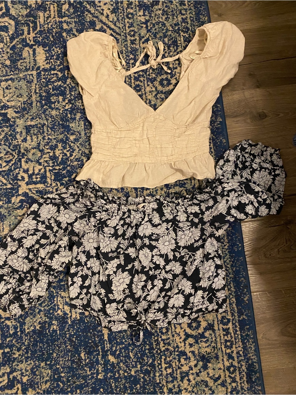 Set of Two Women's Crop Tops - Cream Tie-Back & Black Floral Off-Shoulder